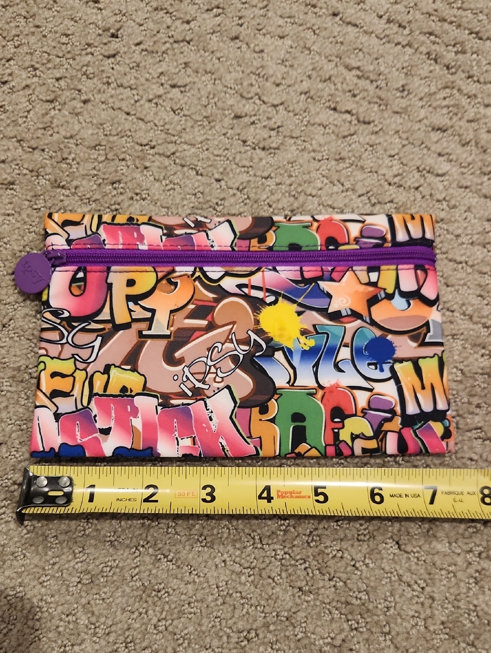 Colorful Graffiti Print Ipsy Zip Pouch with Purple Trim